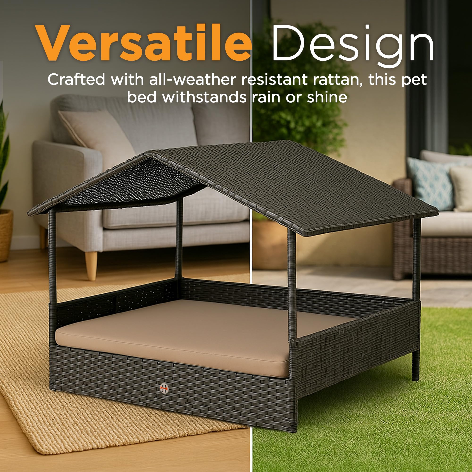 Huntley Pet Rattan Wicker Indoor Outdoor Cabana Raised Pet Bed With Canopy, Weather Proof Cushion Cover